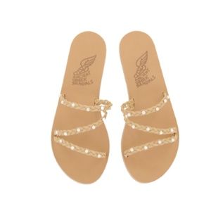 Ancient Greek Ekaterini Pearl Sandals Womens 39 Tan Leather Slide Braided Flats